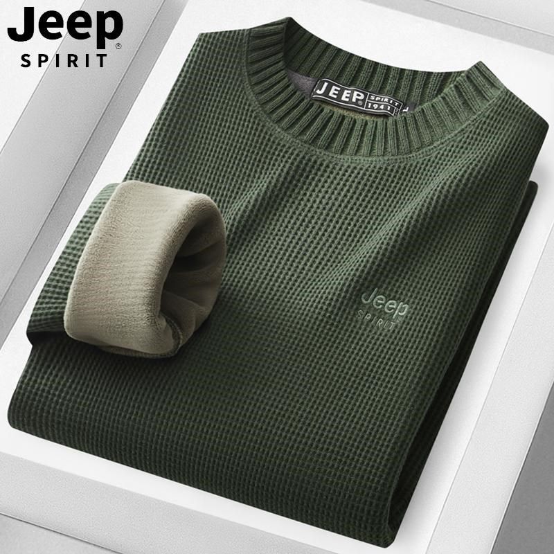 JEEP高端纯棉秋冬季新款毛衣男士加绒加厚宽松保暖圆领针织打底衫