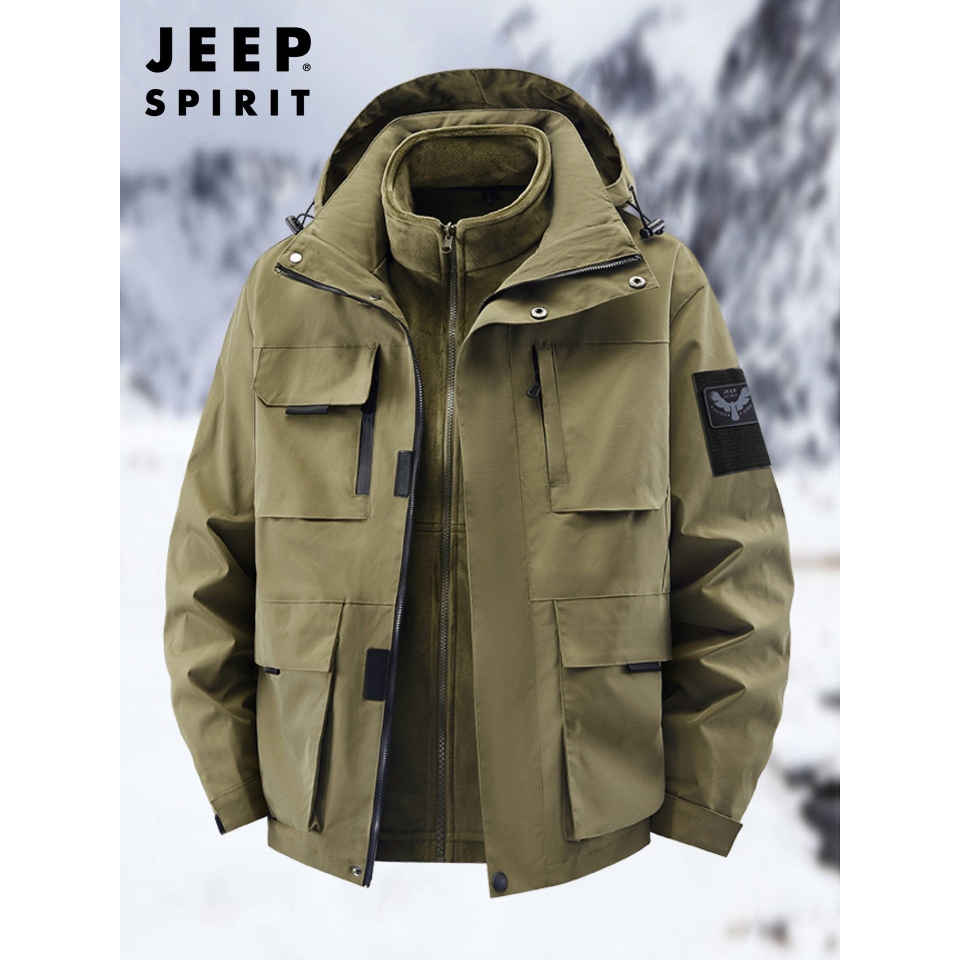吉普冲锋衣外套男冬季新款三合一可拆卸大码加肥加大加厚休闲夹克