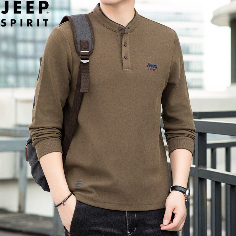 吉普圆领带扣时尚卫衣男春秋新款宽松大码男装长袖T恤打底衫上衣