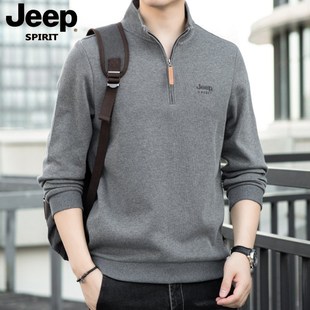 立领宽松休闲长袖 纯棉打底衫 t恤 春秋新款 JEEP吉普半拉链卫衣男士