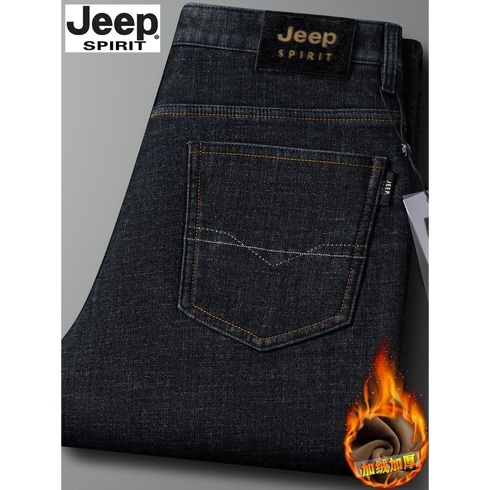 JEEP吉普牛仔裤男秋冬季加绒加厚宽松直筒原装正品高腰深裆长裤子