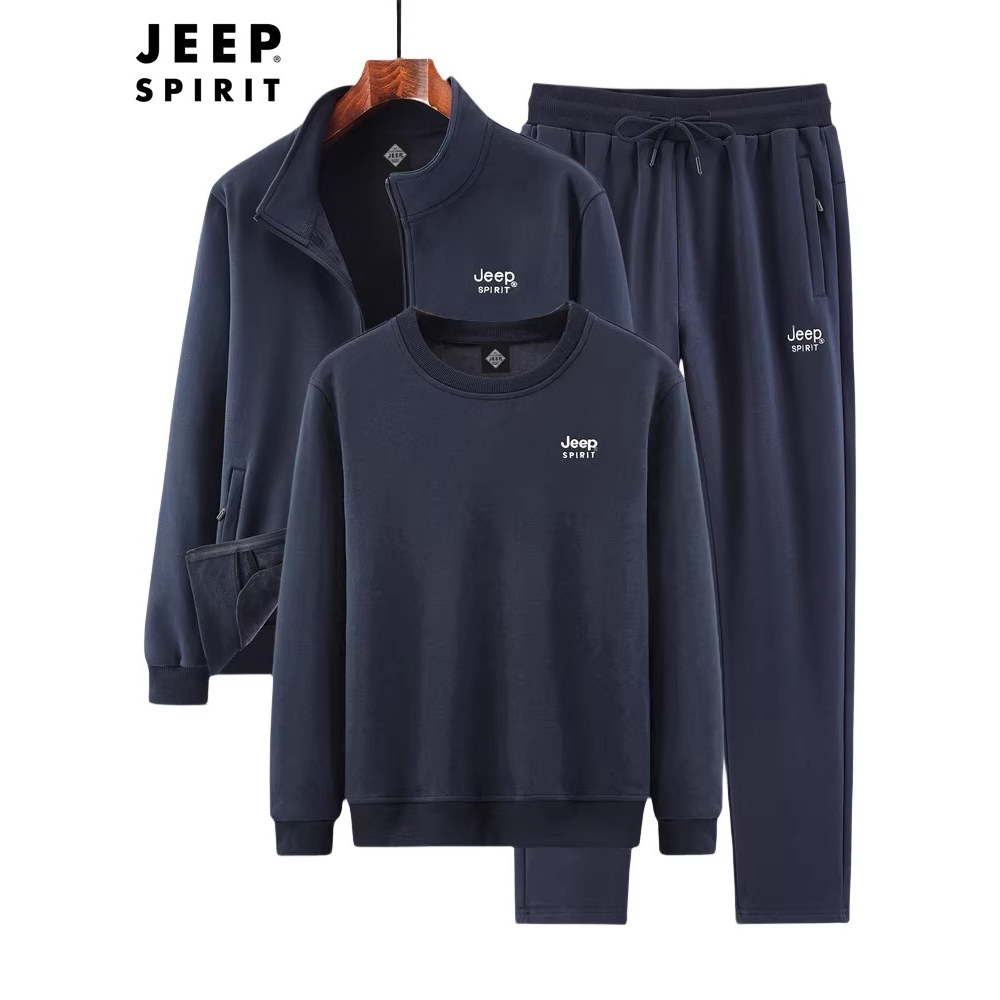 吉普春秋纯棉运动套装男中老年爸爸冬季加绒加厚休闲运动服三件套