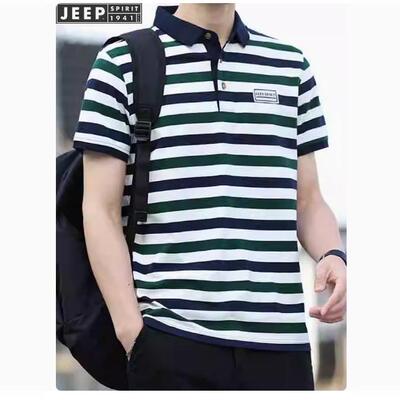 JEEP吉普POLO衫男2024夏装新款休闲纯棉短袖t恤潮流条纹翻领半袖