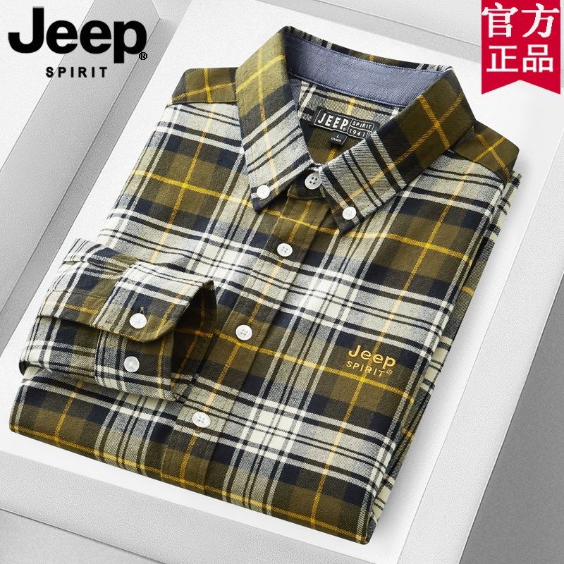 JEEP吉普2025春秋新款美式休闲纯棉格子衬衫男宽松长袖衬衣外套