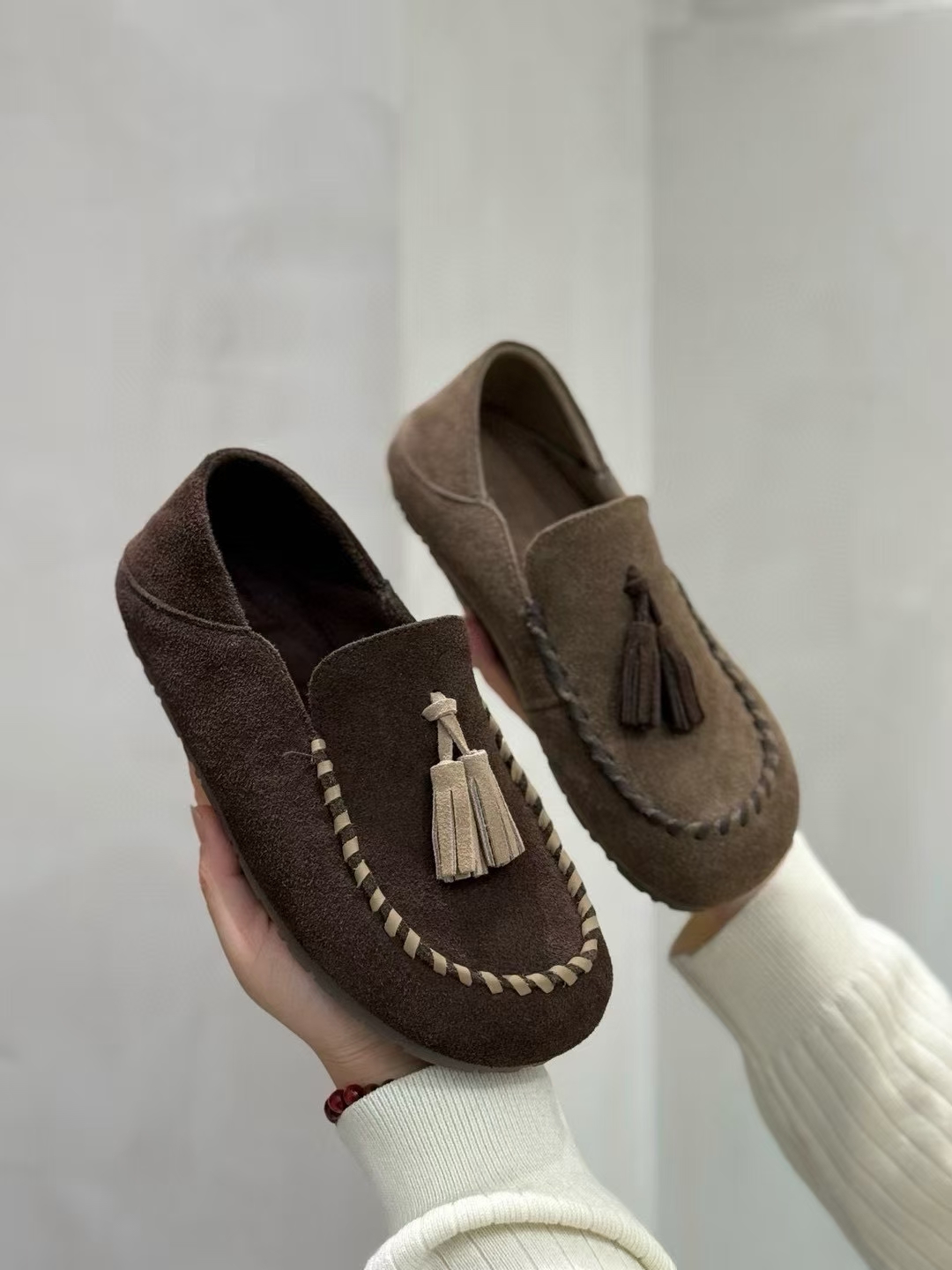 2025秋季新款牛皮流苏乐福鞋平底豆豆鞋女休闲复古真皮套脚懒人鞋