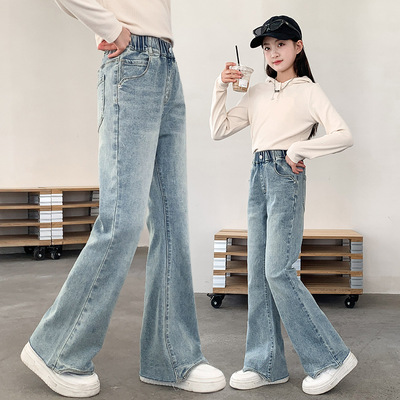 女童春季牛仔长裤初中生2025新款儿童裤子春秋中大童休闲微喇叭裤