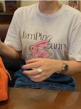 C家 韩系ins新款减龄卡通字母印花宽松慵懒圆领短袖T恤女