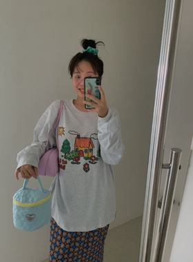 C家  韩系ins新款百搭圆领印花拼接度假风长袖T恤