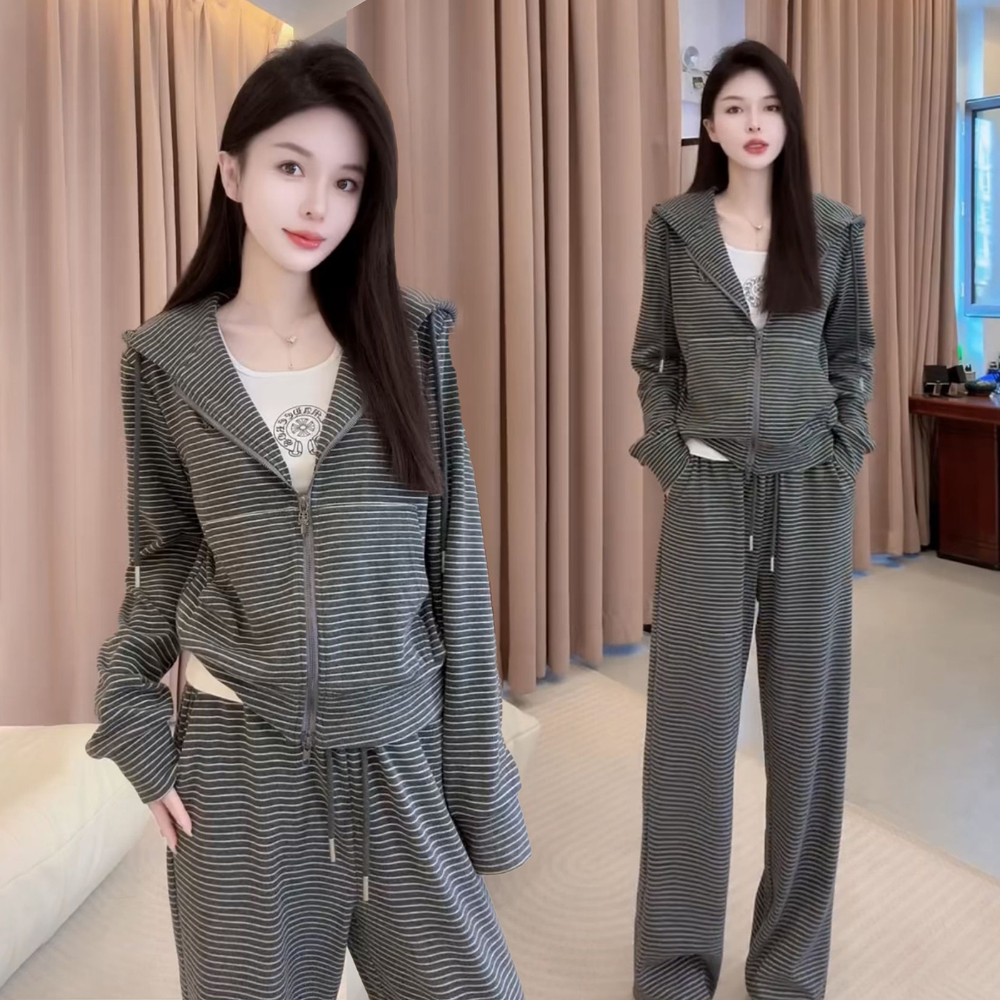 韩版休闲百搭运动服套装女春秋季爆款洋气减龄条纹卫衣卫裤一整套