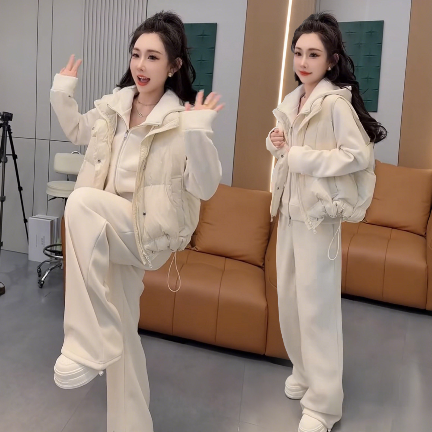 欧货2025冬季新款时尚加绒套装女休闲运动加厚卫衣+卫裤+棉马甲潮