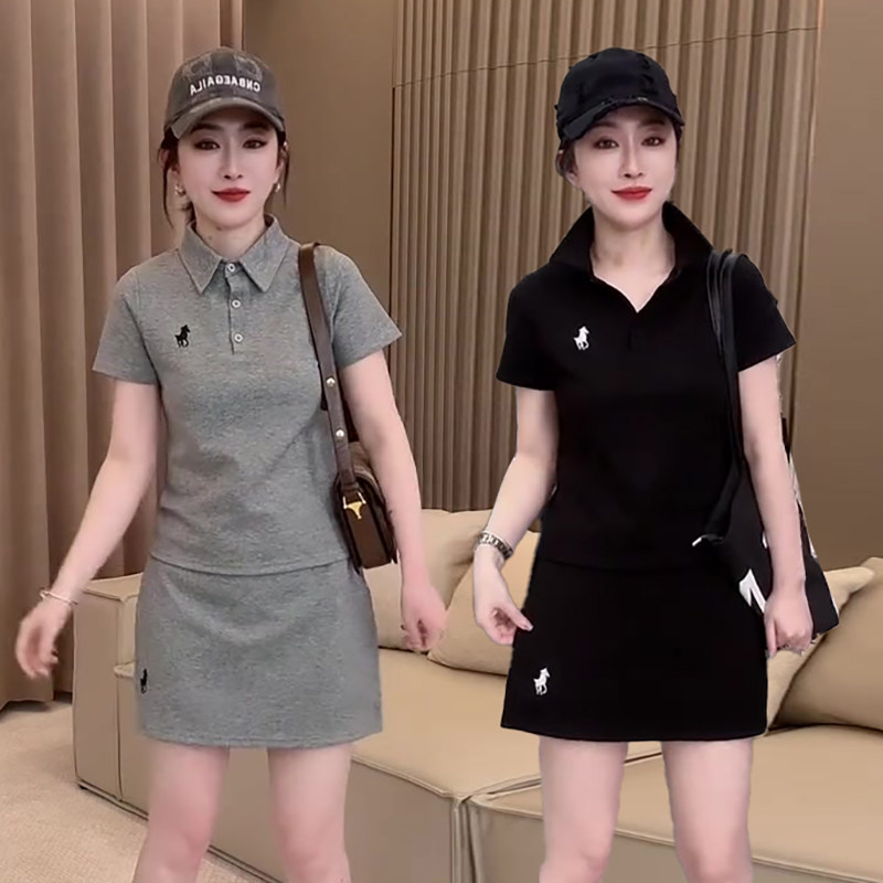 2025夏季新款网球服休闲运动套装女宽松显瘦短袖POLO衫侧开叉短裙