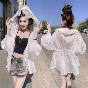 韩版蕾丝雪纺衫防晒服女2025夏新款连帽宽松甜美减龄中长款皮肤衣