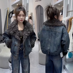复古大毛领仿羊羔毛棉衣服欧货2025冬季新款时尚牛仔派克服女外套