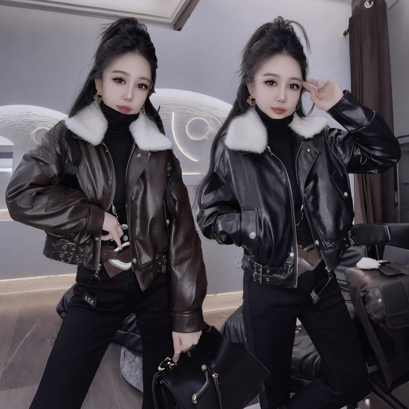 时尚百搭PU皮衣羽绒服女冬季2025新款短款毛领加厚机车服夹克外套