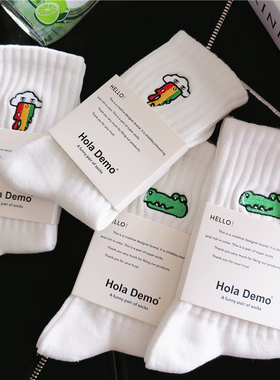 男士袜子男女生纯棉中筒袜卡通刺绣情侣款白色袜防臭运动长袜潮款