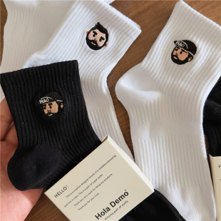 4双男士 袜子男生运动短袜纯棉卡通刺绣防臭脚透气短筒袜白色百搭