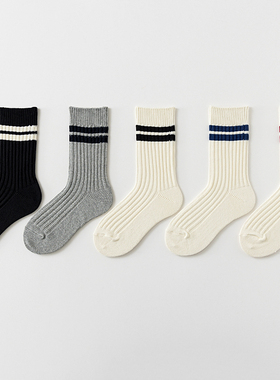 2双 男女袜子中长款中筒袜二条杠条纹学院风中高帮长袜韩版潮流袜