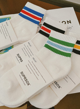 4双男士袜子女生中短筒日系条纹袜纯棉厚毛巾底舒适白色运动长袜