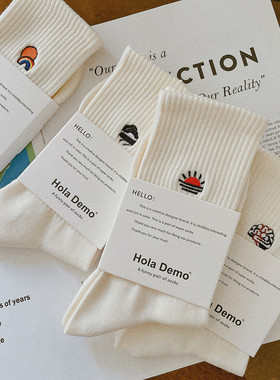 高端男士袜子男女生中筒袜纯棉春秋韩国INS情侣刺绣长袜纯白色袜