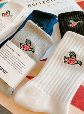 3双 袜子男女中筒长袜纯棉毛巾底吸汗透气黑白袜子日潮小鸭子刺绣