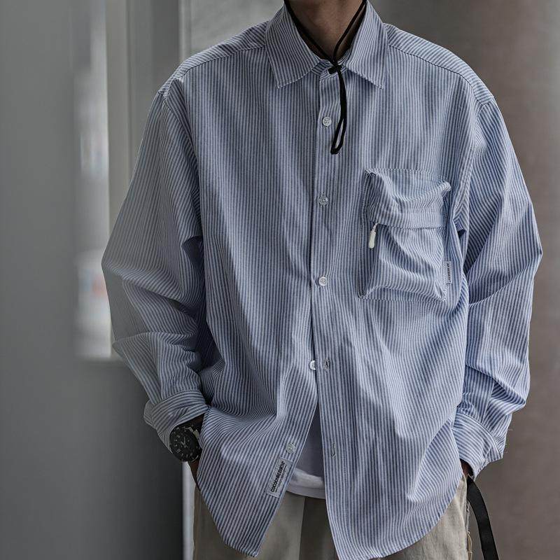 日系复古蓝灰条纹衬衫cityboy户外宽松工装口袋长袖衬衣男女潮牌,男装,衬衫,淘宝优惠券,粉丝福利购,淘宝优惠卷