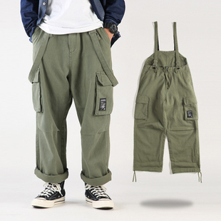 美式背带工装裤男复古宽松多口袋高腰牛仔长裤ins潮街头休闲裤子