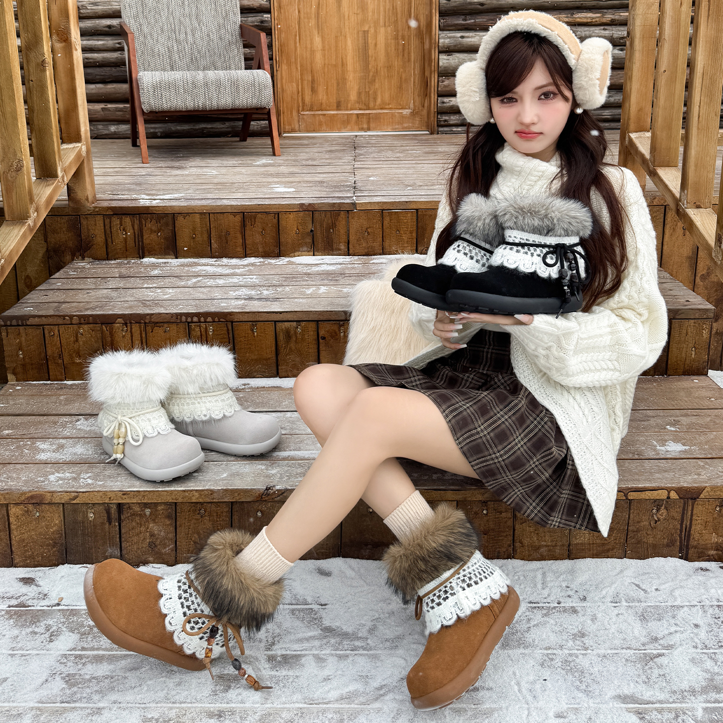 两穿版费尔岛毛毛雪地靴女2025冬季新款厚底短筒加绒加厚棉鞋东北