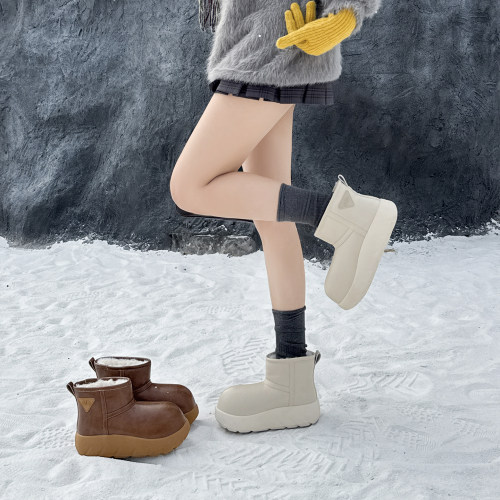 防水防滑厚底保暖雪地靴女2025冬季新款大头丑萌加绒加厚棉鞋短靴