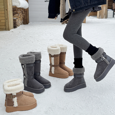 厚底中高筒毛毛雪地靴2025冬季新款加绒加厚不过膝长靴东北棉鞋