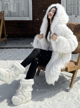 厚底毛毛月亮雪地靴女2024冬季新款中高筒系带棉鞋防滑保暖滑雪鞋