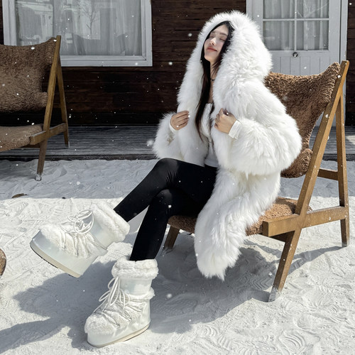 厚底毛毛月亮雪地靴女2024冬季新款中高筒系带棉鞋防滑保暖滑雪鞋