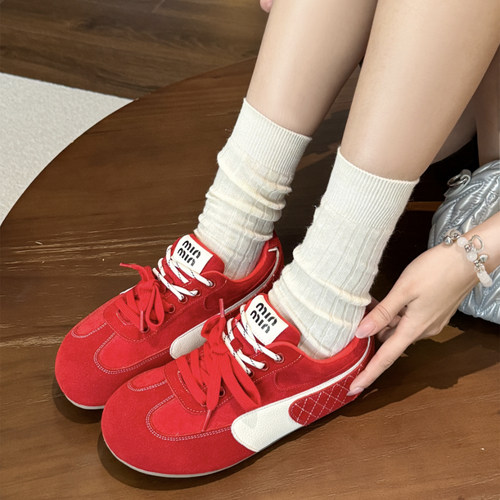 真皮红色内增高德训鞋女2025新款小众复古赛车鞋运动休闲鞋阿甘鞋