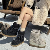 阿miu厚底褶皱雪地靴女2024冬季 中筒滑雪鞋 新款 加厚防滑保暖棉鞋