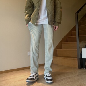 190高个子加长牛仔裤120CM复古做旧黄泥色宽松直筒弹力休闲长裤子