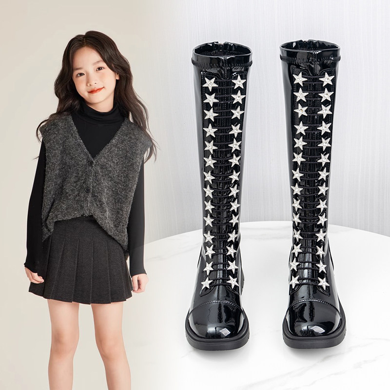 女童鞋儿童马丁高筒靴2024秋冬款走秀皮靴中大童学生单靴女孩长靴