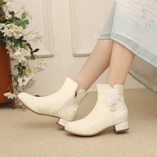 儿童靴子棉靴秋冬马丁靴女童高跟鞋小女孩短靴汉服国风旗袍公主鞋