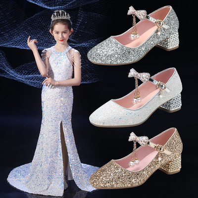 水晶公主鞋女童配礼服钢琴表演出鞋儿童高跟小女孩鞋春秋白色皮鞋
