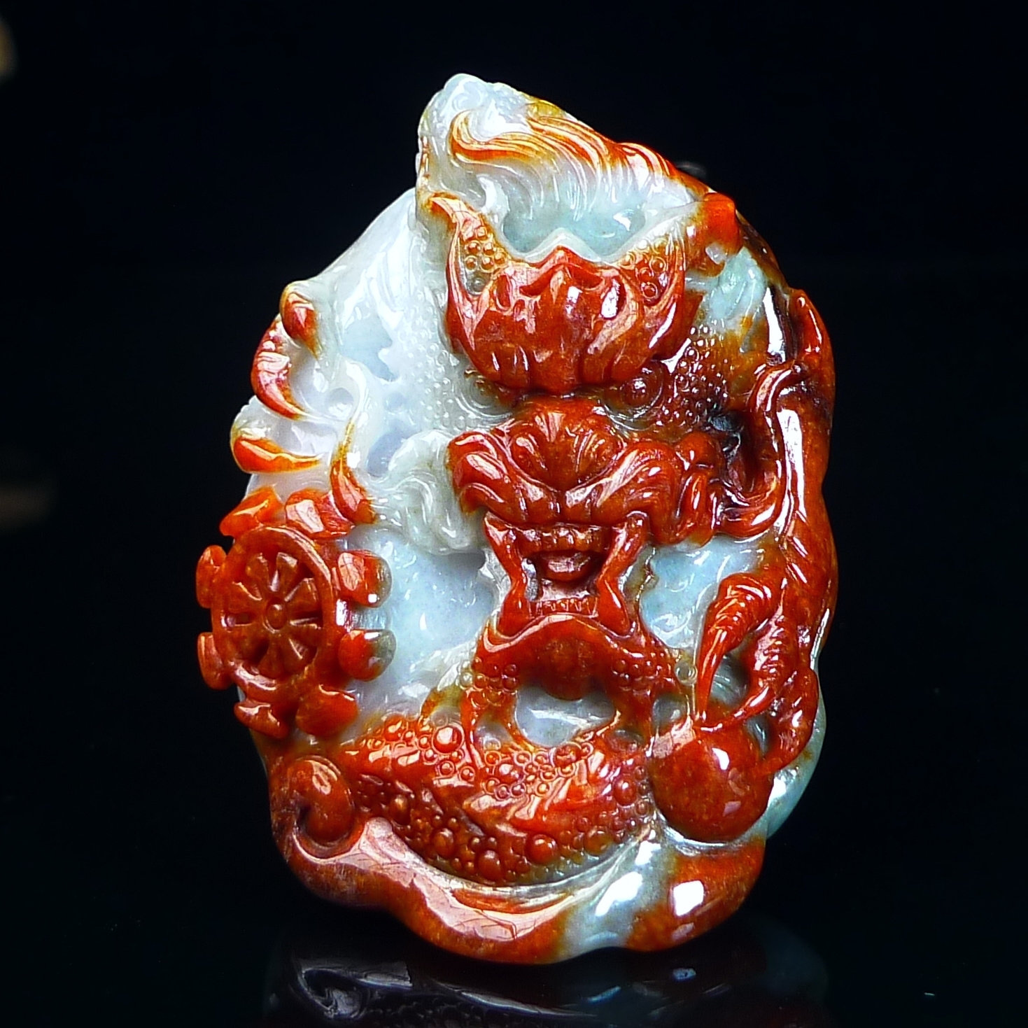 缅甸老坑翡翠A货红翡龙牌吊坠