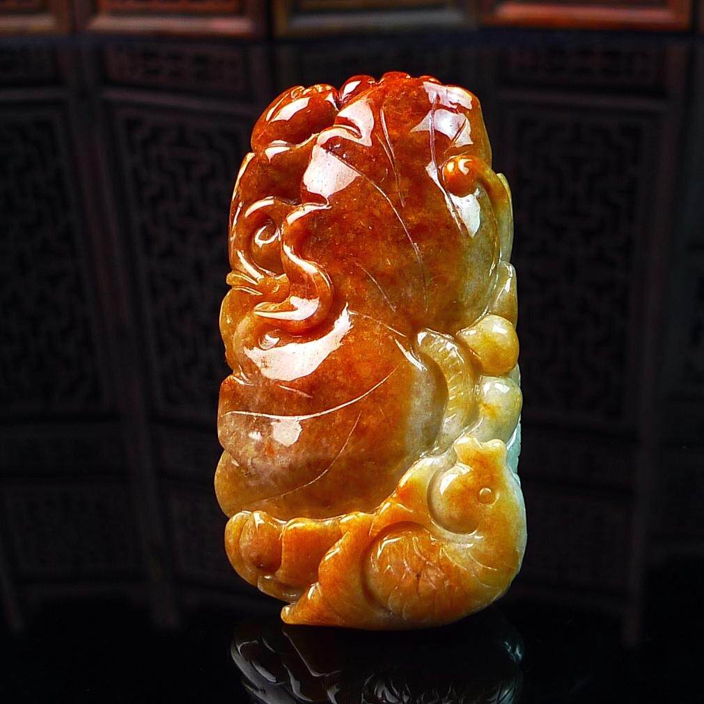 缅甸翡翠玉石红翡荷叶鱼年年有余