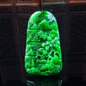 缅甸天然翡翠A货满绿山水玉石 有山有水有贵人 阳绿翡翠山水吊坠