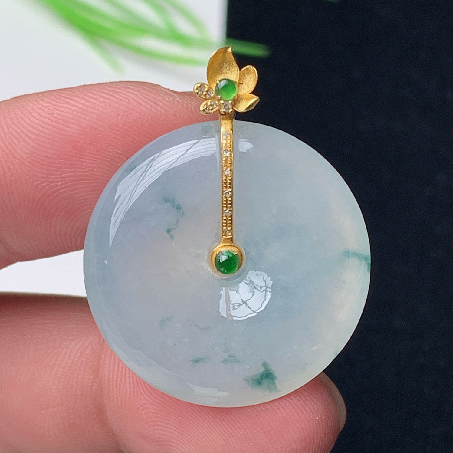 缅甸翡翠天然A货平安扣玉石 正品飘蓝花翡翠平安扣吊坠 18k金扣头
