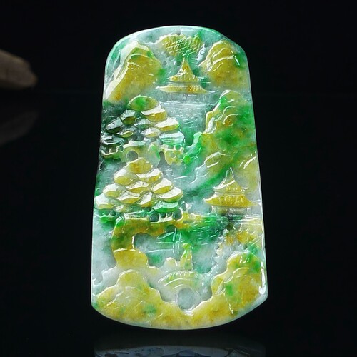 缅甸天然翡翠A货黄山水玉石吊坠