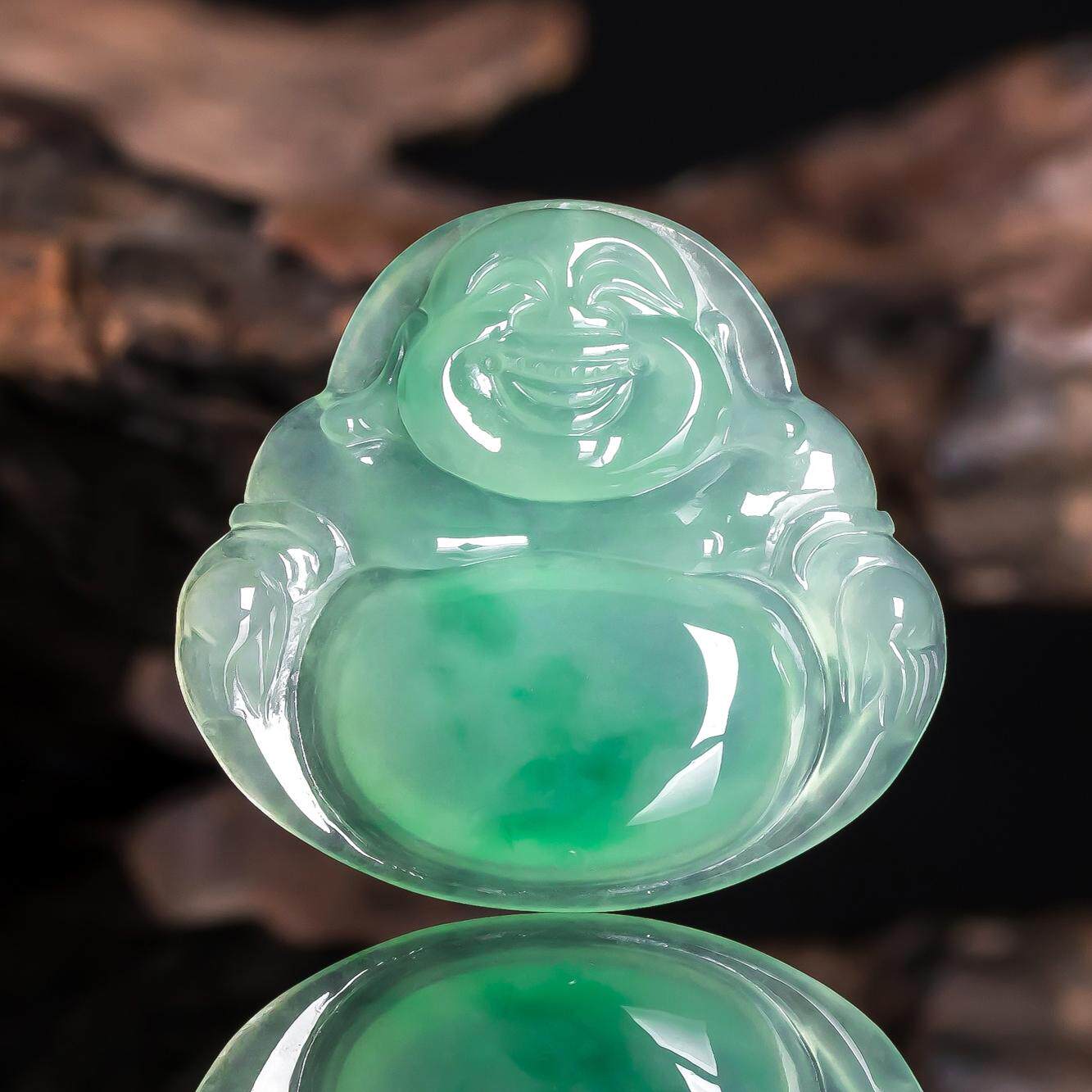 缅甸天然翡翠A货龙牌观音佛公玉石 浅绿翡翠弥勒佛吊坠 佛光普照