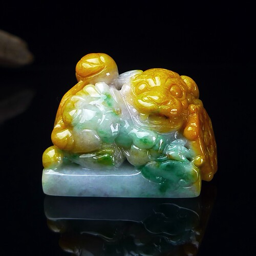 缅甸翡翠A货黄加绿印章摆件镇纸