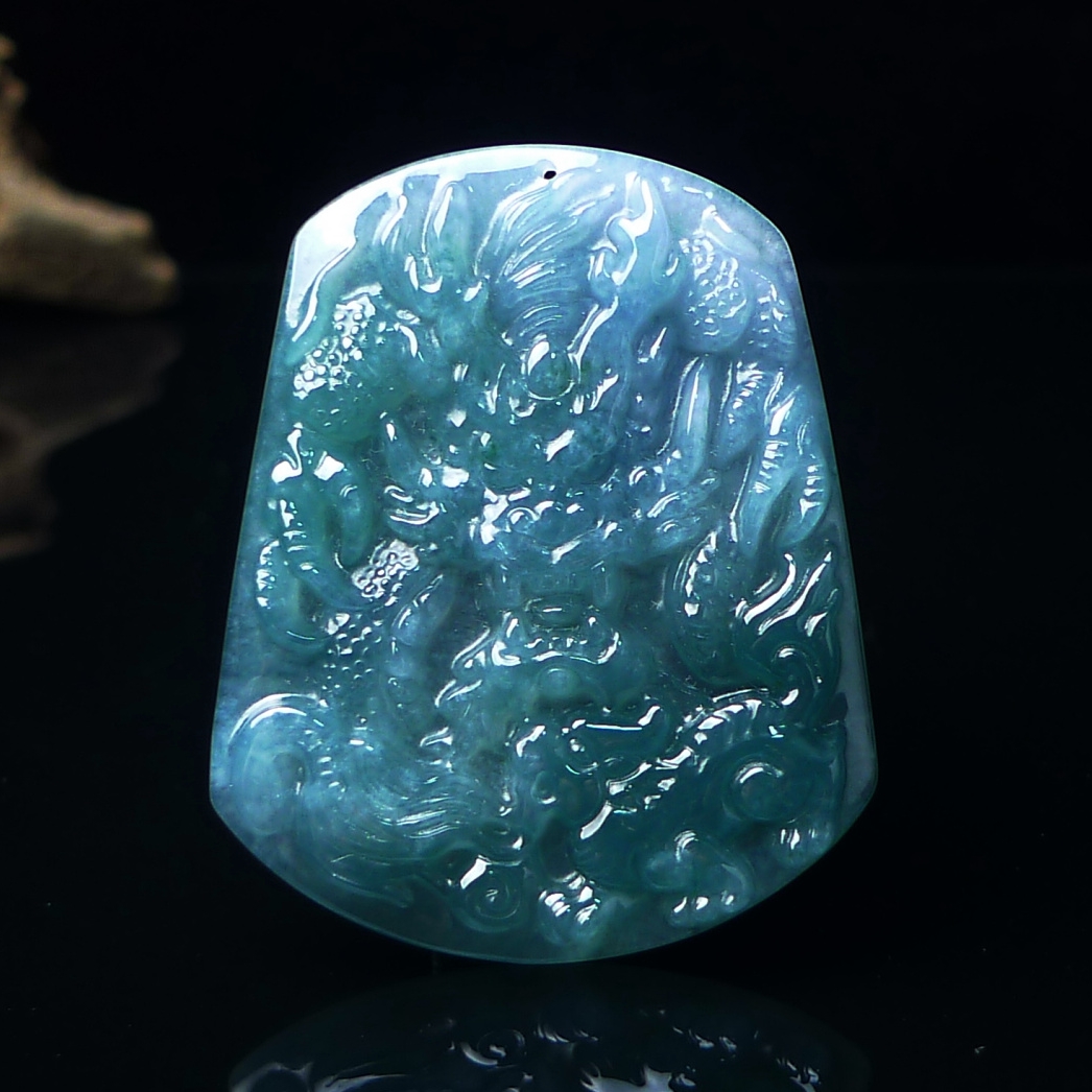 天然翡翠A货观音佛龙牌玉石玉佩 冰透油绿翡翠龙牌吊坠 龙腾万里