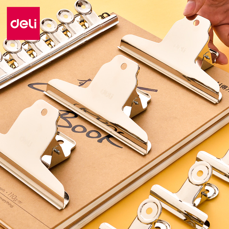 得力票据夹子76 145mm不锈钢票夹大中小号铁票夹带挂孔可挂式山型长尾夹海报画册夹画板夹办公用