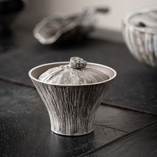 务灰银彩莲蓬二才盖碗复古半手工粉引大号泡茶碗功夫茶具泡茶器