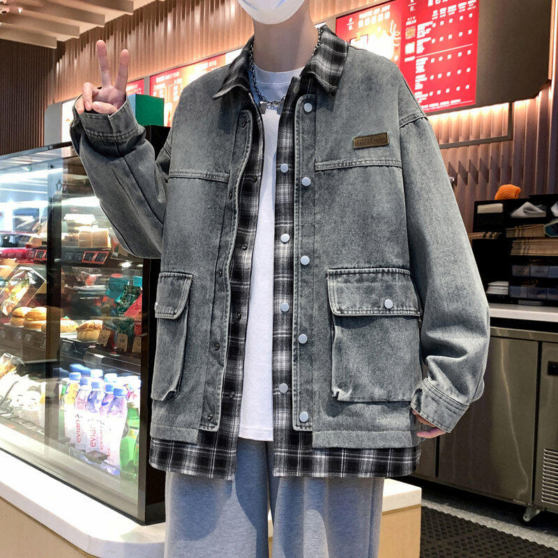 青少年男童牛仔外套男款假两件上衣2025新款初高中学生衬衫衣夹克