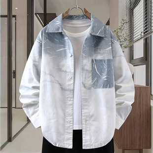 胖男童蓝白渐变扎染牛仔衬衫男春秋款外套中大童潮牌休闲衬衣夹克