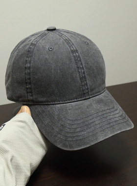 韩国水洗做旧复古潮韵烟灰色棒球帽男女简约宽帽檐显脸小鸭舌帽子